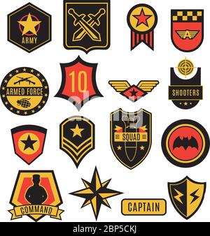 STEMMI DELL'esercito AMERICANO toppe armi e segni insieme di simboli. Stemmi e patch militari per il design dei tessuti, design Jeans. Illustrazione Vettoriale