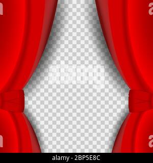 Tendina vettoriale rossa aperta con ombra morbida sullo sfondo trasparente. Tenda di velluto rosso aperta e realistica. Illustrazione Vettoriale