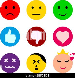 Emoticon, simboli dei social media insieme vettoriale. Simpatico emoticon smiley, design piatto emoji, illustrazione vettoriale. Illustrazione Vettoriale