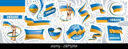 Insieme vettoriale della bandiera nazionale dell'Ucraina in vari disegni creativi Illustrazione Vettoriale