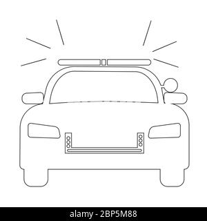 Police Cop Car con sirena vista frontale. Semplice illustrazione in bianco e nero che raffigura un'auto con flash per la risposta di emergenza della polizia. EPS Vect Illustrazione Vettoriale