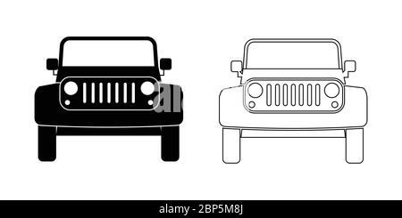 Set di profili per la vista frontale dell'auto SUV. Una serie di due veicoli sportivi di utilità vista frontale. Vettore EPS bianco e nero Illustrazione Vettoriale