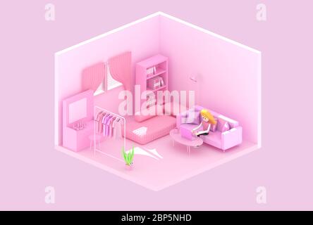 Illustratore 3d di un personaggio di fumetti femminile che utilizza un computer portatile sul divano nella stanza rosa. Lavorare a casa Foto Stock