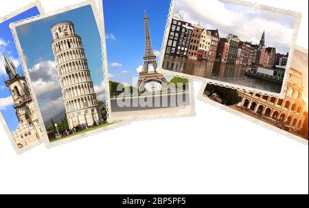 Vintage sfondo di viaggio con retro foto di monumenti europei. La Torre Eiffel a Parigi, la Torre Pendente di Pisa, Colosseo a Roma, vecchie case di Amst Foto Stock