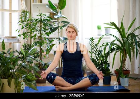 Vista frontale della giovane donna al chiuso a casa, facendo esercizio di yoga. Foto Stock
