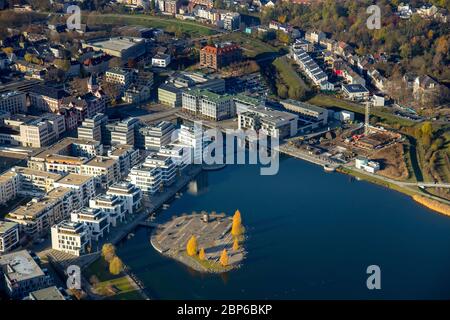 Vista aerea, Kulturinsel Fenixsee con vecchio convertitore Thomas (Thomasbirne), nuova costruzione Comunita Residenz Fenixsee, torre residenziale H 12, Dortmund, zona Ruhr, Nord Reno-Westfalia, Germania Foto Stock