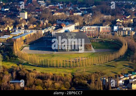 Vista aerea, centro di formazione Akademie Mont-Cenis, accademia solare Mont-Cenis, tetto solare, hotel, Sodingen, Herne, zona Ruhr, Nord Reno-Westfalia, Germania Foto Stock