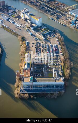 Veduta aerea, Medienhafen, edificio d'ufficio Plange Mühle, Duesseldorf, Renania Settentrionale-Vestfalia, Germania Foto Stock