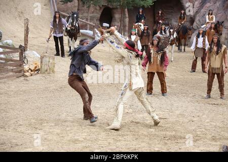 Alexander Klaws (Winnetou), introduzione stampa della nuova stagione del Kayl May Festival sotto avvoltoi - il Figlio del Baehrenjaeger, Bad Segeberg, 21.06.2019 Foto Stock