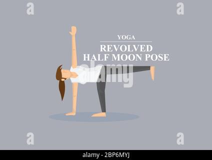 Le donne sportive sostengono il corpo con una mano e un piede con gambe allungate con le braccia in yoga rivoluzione mezza luna posa. Illustrazione vettoriale isolata su pl Illustrazione Vettoriale