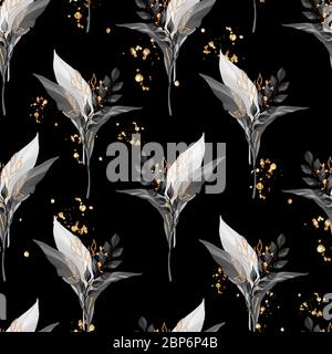 Motivo bianco e nero senza cuciture con foglie e rami Foto Stock