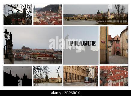 Collage di famose attrazioni di Praga, siti patrimonio mondiale. Luoghi storici della capitale della Repubblica Ceca, centro culturale d'Europa. Epoca gotica, rinascimentale e barocca. Foto Stock