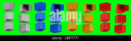 Un'immagine di alta qualità di contenitori per spedizioni da 1,8 m su sfondo verde con percorso di ritaglio. Imposta il rendering 3d dei contenitori per la spedizione in mare da 10 piedi Foto Stock