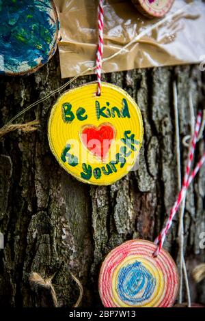 Domenica 17 maggio 2020, ho scoperto questo 'albero di positività' pieno di messaggi di speranza, amore e sostegno durante questo periodo difficile. Foto Stock