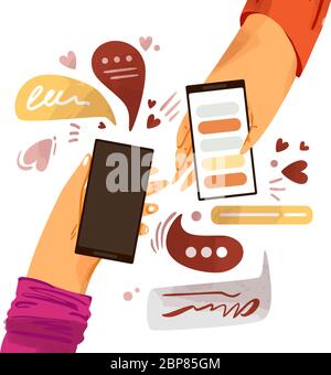 Mano con cartoni animati vettoriali per telefono. Smartphone con messaggeria, chat online, come e social engagement, isolato su sfondo bianco Illustrazione Vettoriale