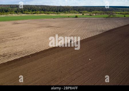 Il trattore sta arando il campo agricolo, vista aerea Foto Stock