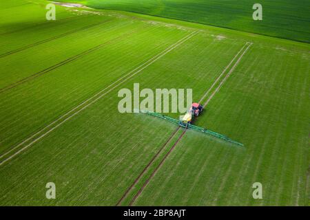 Trattore che coltiva il campo verde, vista aerea Foto Stock