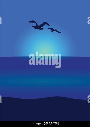 Ritratto Vista Mare Oceano con Silhouette Flying Seagull su Sunset o Sunrise background Illustrazione Vettoriale