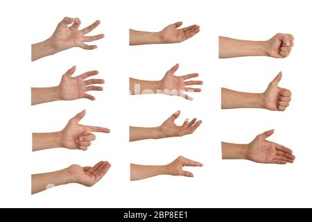 Insieme di mano maschile raccolta multipla in gesti isolati su sfondo bianco Foto Stock
