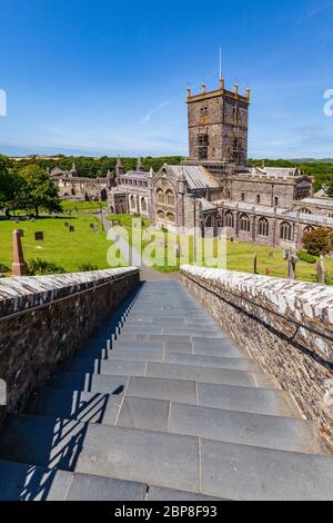 Gradini che conducono all'ingresso sud della cattedrale di St Davids a Pembrokeshire, Galles Foto Stock