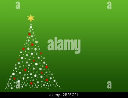 Un'illustrazione di un albero di natale formato da simboli bianchi fatti da veri fiocchi di neve, su sfondo gradiente verde, abbondanza di spazio di copia e vuoto Foto Stock