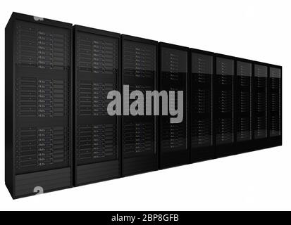 Fila di rack per server. Isolato su sfondo bianco Foto Stock