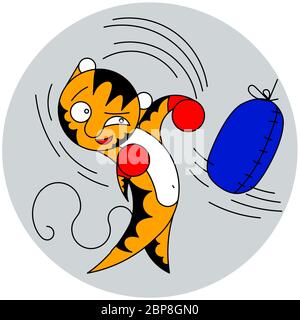 Vector Cartoon carino giovane tiger batte un sacco di arti marziali, il calcio nella lotta Foto Stock