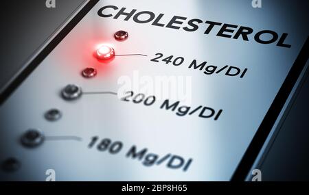 Illustrazione del test del colesterolo con luce rossa e effetto sfocato. Test di laboratorio. Foto Stock
