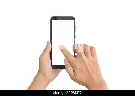 Tenere il telefono cellulare e lo schermo a sfioramento isolato su sfondo bianco. Con tracciato di ritaglio Foto Stock