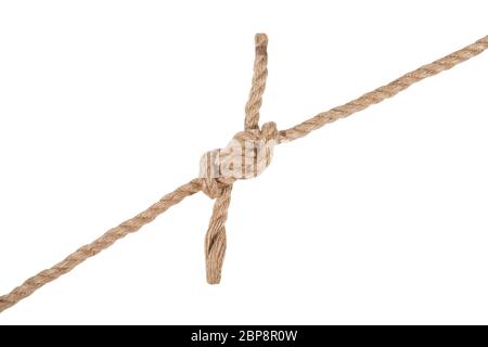 Un altro lato di Hunter's bend knot unendo due cavi isolati su sfondo bianco Foto Stock