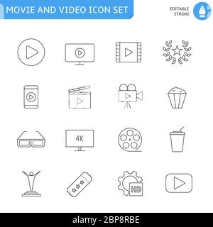 Set di icone di film e video sottili Illustrazione Vettoriale