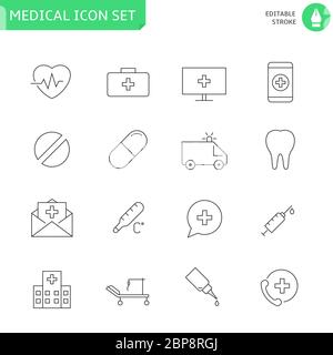 Set di icone a linea sottile per applicazioni mediche Illustrazione Vettoriale