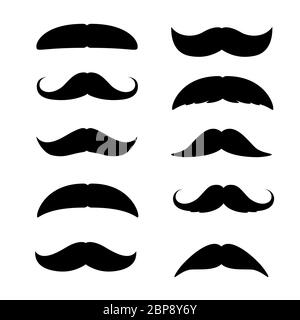 Set di baffi. Silhouette nera di baffi per adulti. Illustrazione vettoriale isolata in bianco Illustrazione Vettoriale