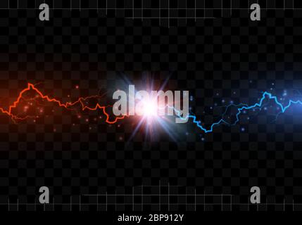 Collisione elettrica con fulmini rossi e blu. Rispetto a uno sfondo astratto con thunderbolt. Vettore Illustrazione Vettoriale