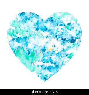 Acquerello macchia a forma di cuore. Isolato blot blu su sfondo bianco. Disegnato a mano. Blu e macchie di aqua formano un cerchio. Foto Stock