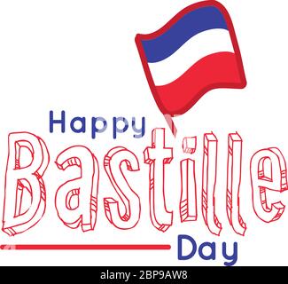 scritta bastille day con disegno a mano con bandiera Illustrazione Vettoriale