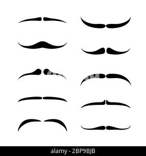 Set di baffi sottili. Silhouette nera di baffi per adulti. Illustrazione vettoriale isolata in bianco Illustrazione Vettoriale