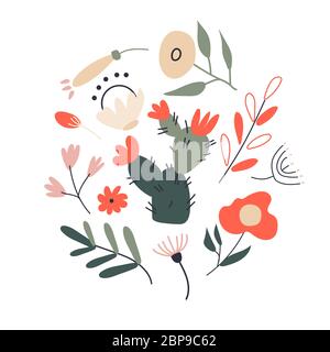 Serie di motivi di molte foglie esotiche tropicali, piante e fiori su sfondo bianco. Raccolta di illustrazioni vettoriali complete e isolate Illustrazione Vettoriale