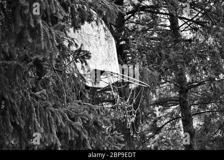 molto vecchio cerchio di pallacanestro abbandonato che sta cadendo a pezzi Foto Stock