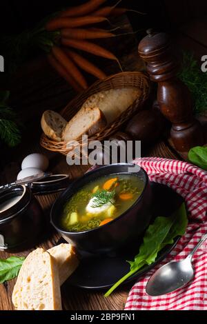 Rustikal Sorrel minestra di patate e crema di latte Foto Stock