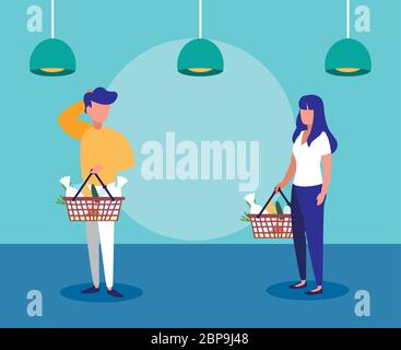 persone con maschere mediche fare shopping in supermercato, sociale di distanziamento vettore illustrazione disegno Illustrazione Vettoriale