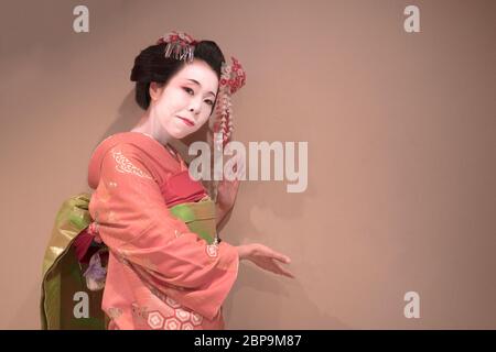 Ritaglio di una geisha giapponese ragazza maiko in rosso kimono coifed capelli spilla con motivi di bianco e rosso fiori di susina su sfondo bianco. Foto Stock