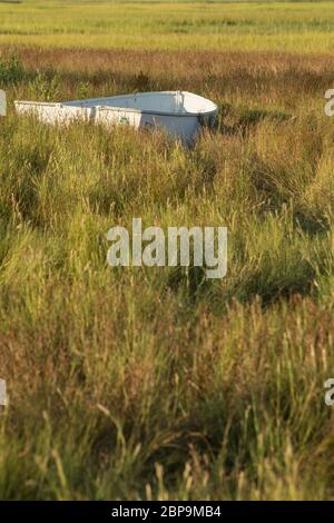 Skiff in paludi nella baia di Essex. Un bel posto panoramico fuori dal centro di Essex. Qui ci sono belle case, con una splendida vista sull'acqua e sulla baia. Diportisti e pesca Foto Stock