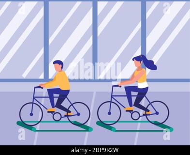 persone in bicicletta su rulli di addestramento, disegno di illustrazione vettoriale di distanza sociale Illustrazione Vettoriale