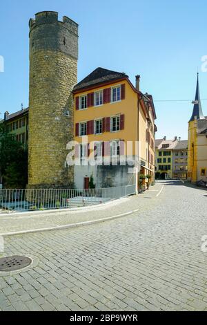 Torre, parte della fortificazione cittadina, Città Vecchia Biel/Bienne, cantone Berna, Svizzera, Foto Stock