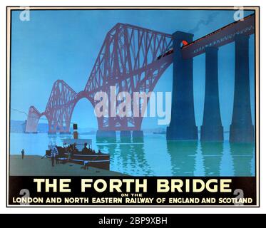 Poster di viaggio ferroviario del 1900 d'epoca il Forth Bridge LNER 1928 litografia di H G Gawthorn (1879-1941) Londra e Ferrovie Nord-Orientali d'Inghilterra e Scozia Foto Stock