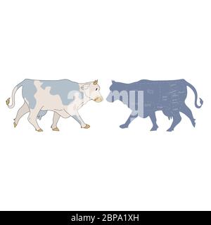 Carino mucca colonica francese con macellaio grafico clipart. Cucina casereccia in stile shabby disegnata a mano. Illustrazione di bovini da allevamento Illustrazione Vettoriale