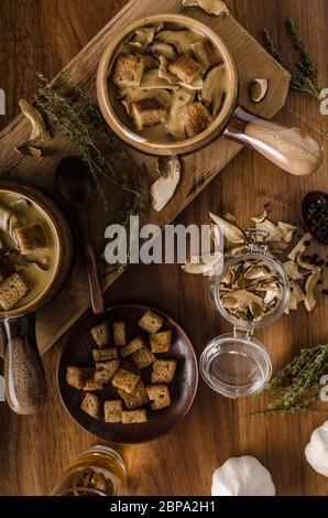 Rustico zuppa di funghi, ceco foresta di funghi freschi raccogliere nei boschi Foto Stock