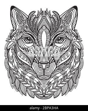 Vettore decorativo doodle testa ornamentale di lupo. Illustrazione vettoriale astratta del contorno nero lupo isolato su sfondo bianco. Illustrazione del magazzino Illustrazione Vettoriale