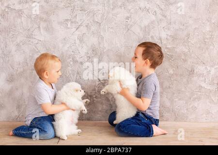 Due bambini carini che giocano con piccoli cuccioli bianchi. Primo miglior concetto di amico animale domestico Foto Stock